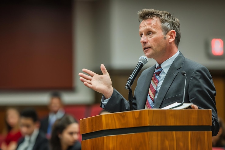 Photo a man giving a speech at a podium with a microphone in front of him