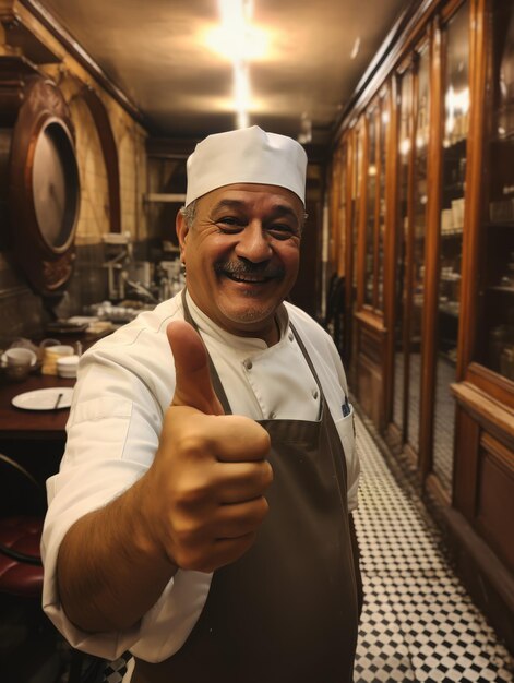 Foto uomo che alza il pollice in cucina