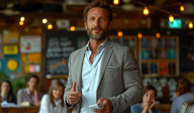 Man Giving Thumbs Up in Restaurant Approval Gesture in Dining Setting A man sitting in a restaurant raises his thumb to show approval for his dining experience