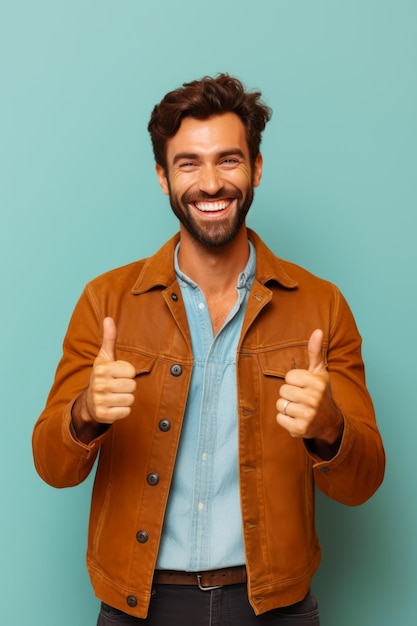 Man giving thumbs up while wearing brown jacket and blue shirt Generative AI