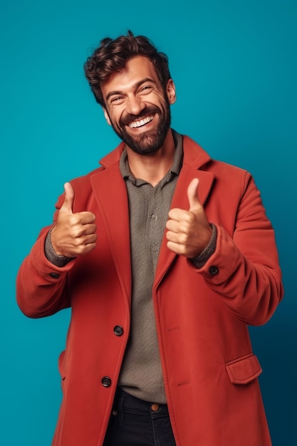 Man giving thumbs up while wearing red jacket and gray shirt generative ai