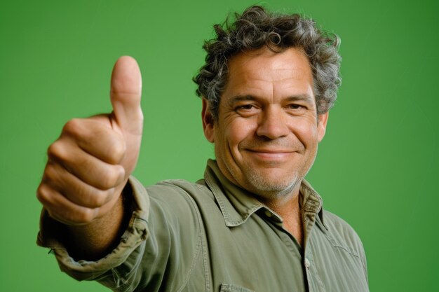 Photo man giving thumbs up with green background