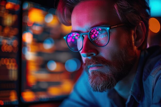 Man in glasses analyzing computer screen