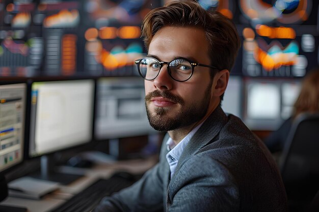 A man in glasses at a desk in front of several computer screens