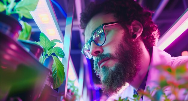 Man in glasses examining plant