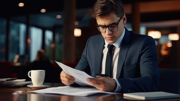 A man in glasses explores a report sitting at a table in a conference hall