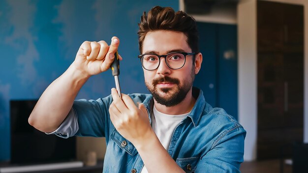 a man in glasses holds a pair of scissors in his hand