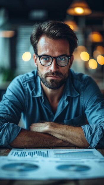 Photo a man in glasses is sitting at a table and looking at the camera