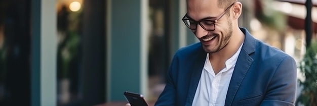 Photo a man in glasses is using a phone and looking at his phone.