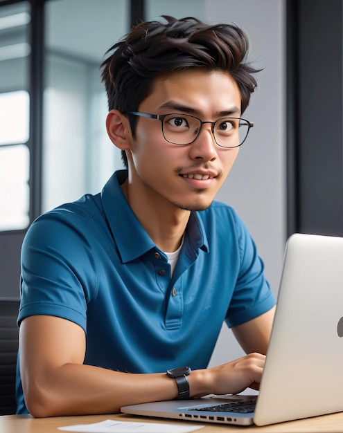 a man in glasses is working on his laptop