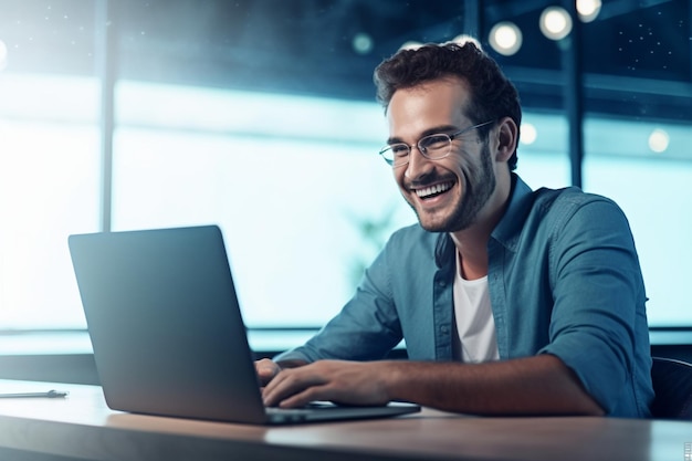 A man in glasses is working on a laptop.