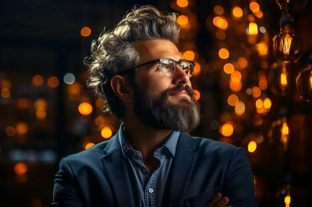 Photo man in glasses looking at the camera with christmas lights behind him