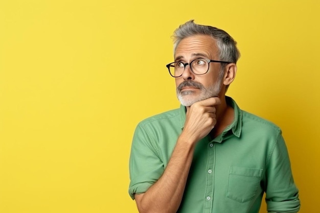 a man in glasses looks at the camera with his hand on his chin