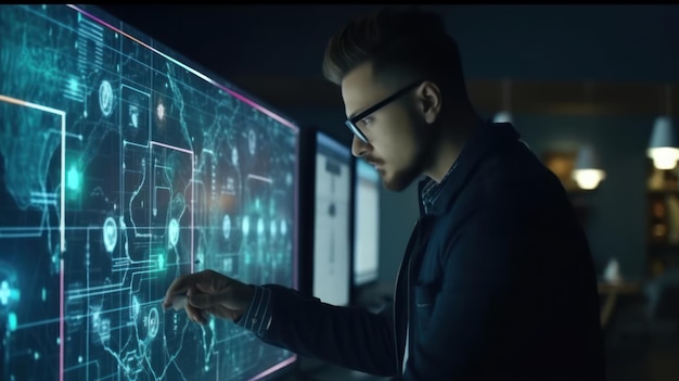 A man in glasses looks at a computer screen with the word cyber on it.