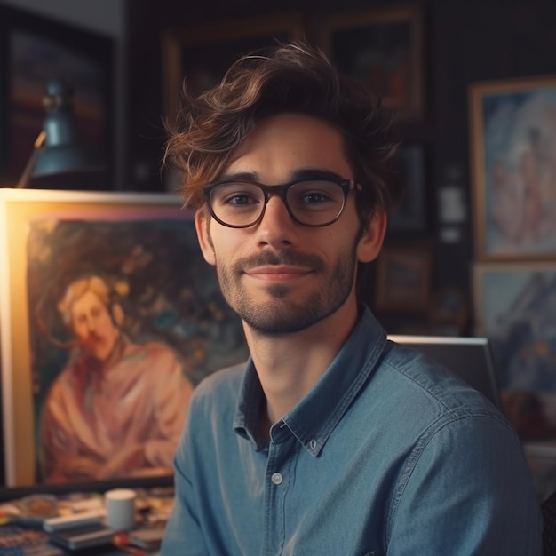 a man in glasses sits in front of a painting that says " the name of the artist ".