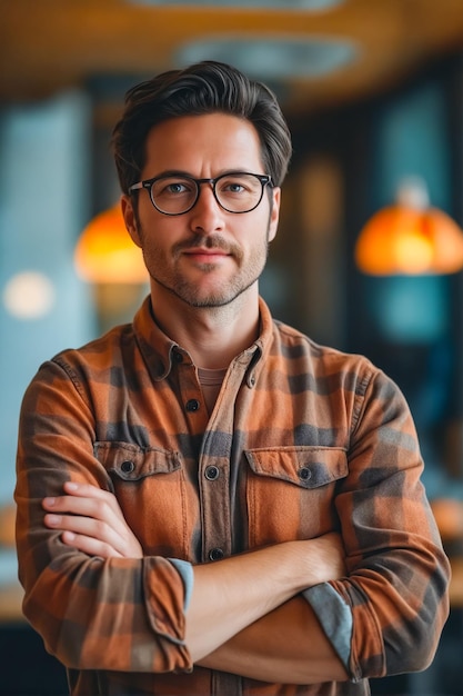 A man in glasses standing with his arms crossed