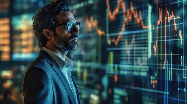 A man in glasses stands in front of a display of stock market charts.