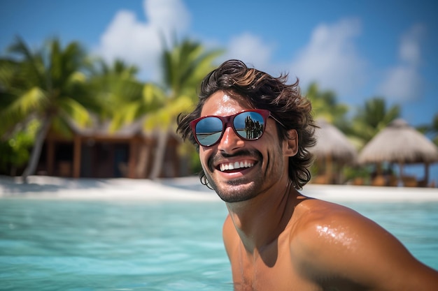 A man in glasses swims in the pool on a sunny day