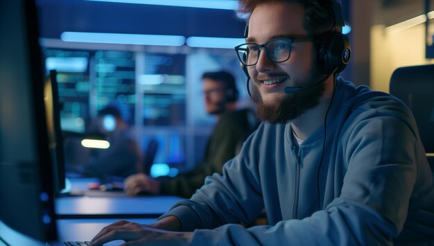 Man in glasses with headset at