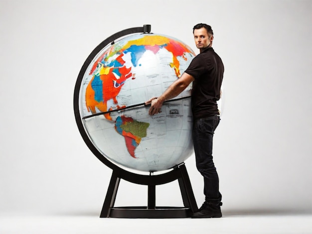 Man and Globe on White Background