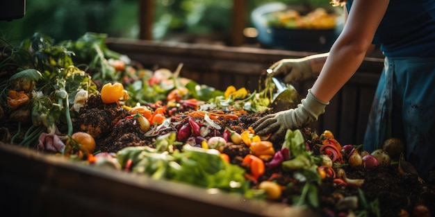 A man in gloves composts food waste in the garden Organic food processing Generative AI