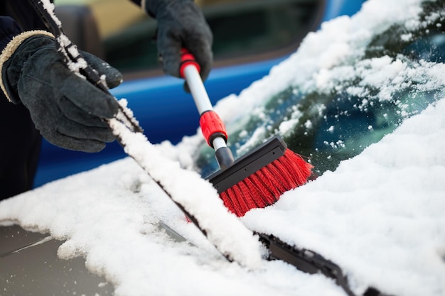 Man in gloves lifting windscreen wiper and brushing off\
snow