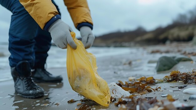 Photo a man in gloves picking up plastics from sea shore with a big empty space for text a concept of save sea generative ai