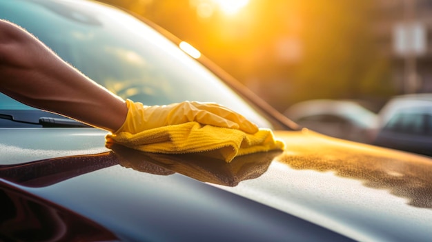 Uomo con i guanti che lucida l'auto