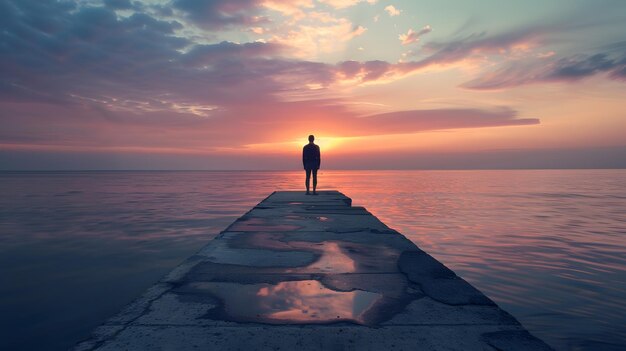 Photo a man goes on the concrete pier in the sunrise generative ai