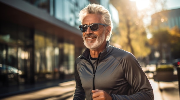 Man goes for a run Old man lives a healthy life for longevity on the city street in the morning