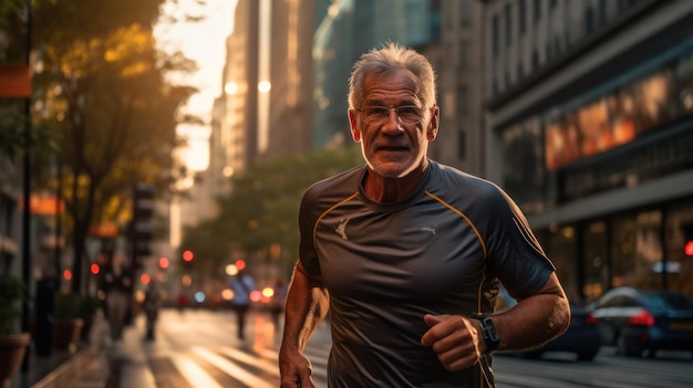 Man goes for a run Old man lives a healthy life for longevity on the city street in the morning