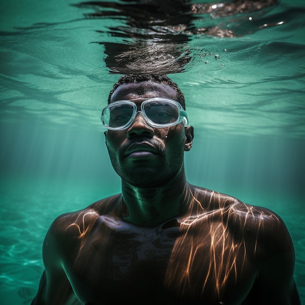 a man in goggles under water with the words " snorkel " on the bottom.