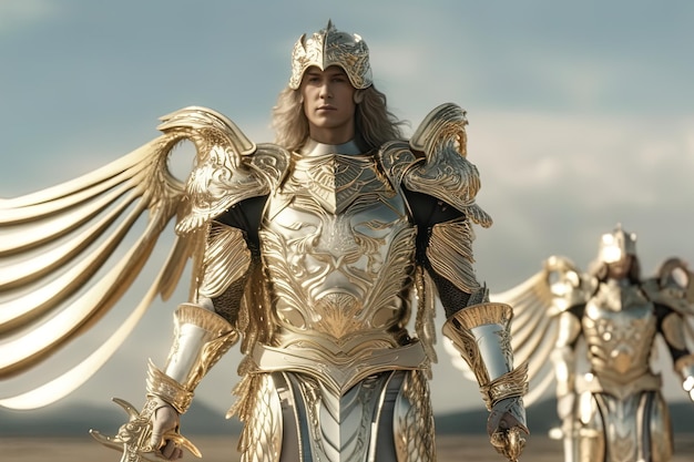 A man in gold armor with wings and a sword