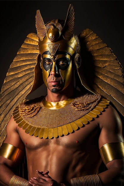 A man in a gold egyptian costume stands in the dark