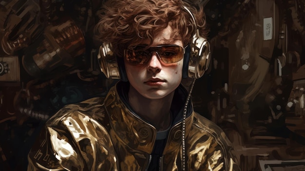 A man in a gold jacket and gold sunglasses with the word music on the front.