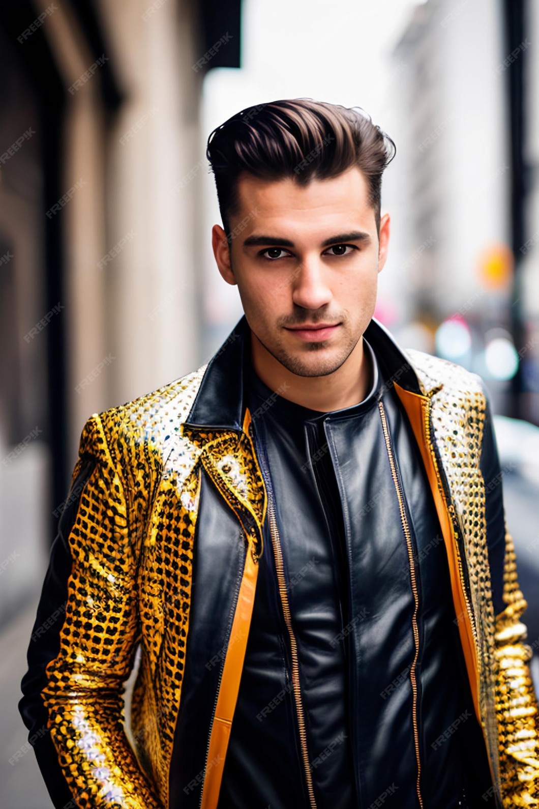 Premium AI Image | A man in a gold jacket with a black leather jacket ...