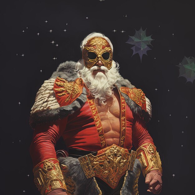 a man in a gold mask is sitting in front of a black background with stars and stars