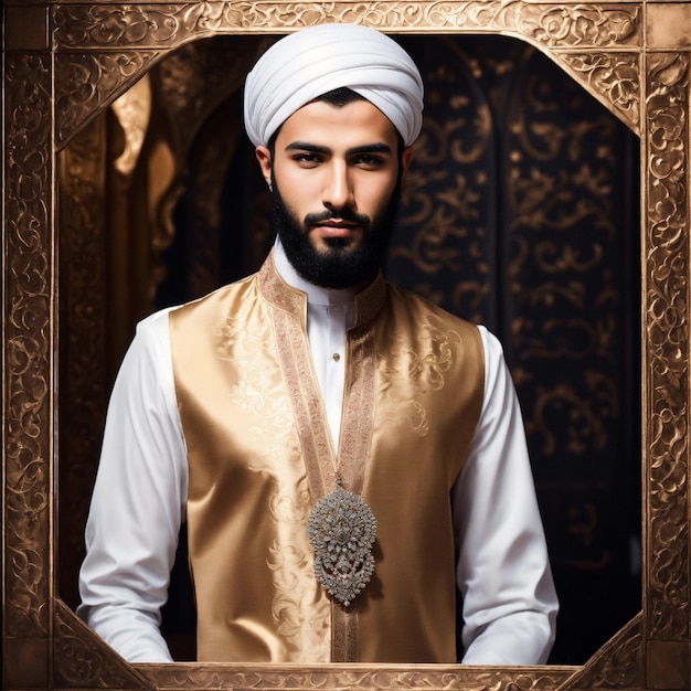 Photo a man in a gold shirt and a white turban is standing in front of a mirror