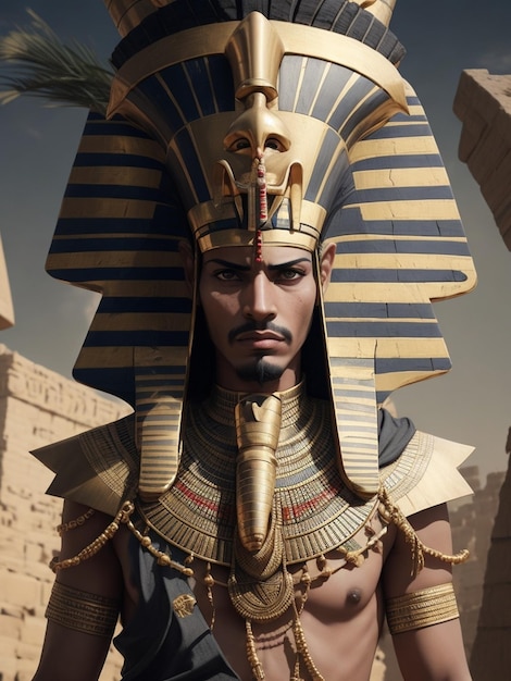 A man in a gold and silver suit stands in front of a pyramid with the words god.