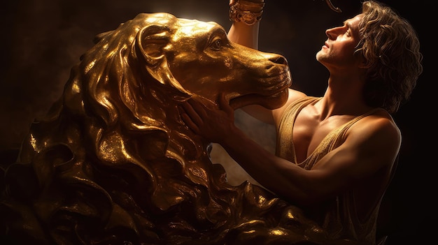 金のライオン像を着た男性
