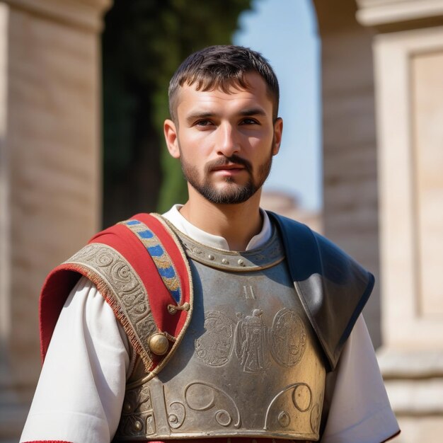 a man in a gold and white costume stands in front of a building.