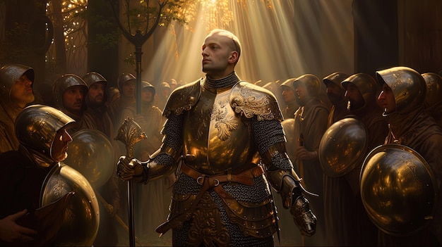 A man in a golden armor stands in front of a group of people with the sun shining on him.