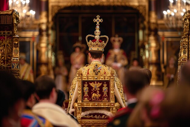 a man in a golden crown stands in front of a group of people in a large group of people