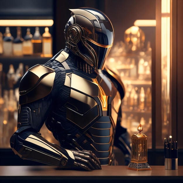 A man in a golden helmet stands behind a bar with many bottles of liquor behind him.