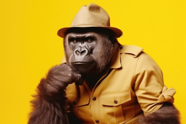 Man in gorilla suit with hat on his head and hands on his chin Generative AI