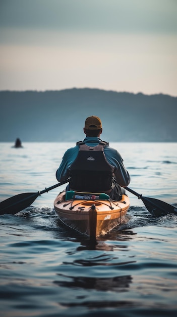 A man gracefully kayaks on the calm surface of the water Generative AI