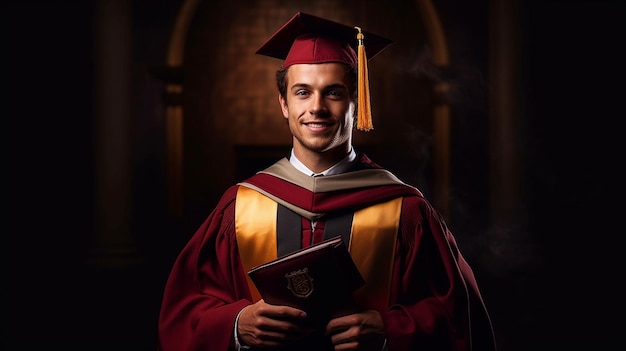 A man in a graduation cap and gown stands in front of a building.