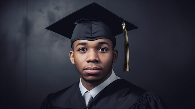 A man in a graduation cap and gown stands in front of a dark background