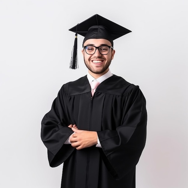 A man in a graduation cap and gown stands in front of a white background.