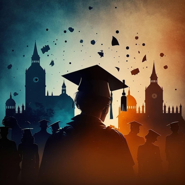 A man in a graduation cap stands in front of a cityscape.